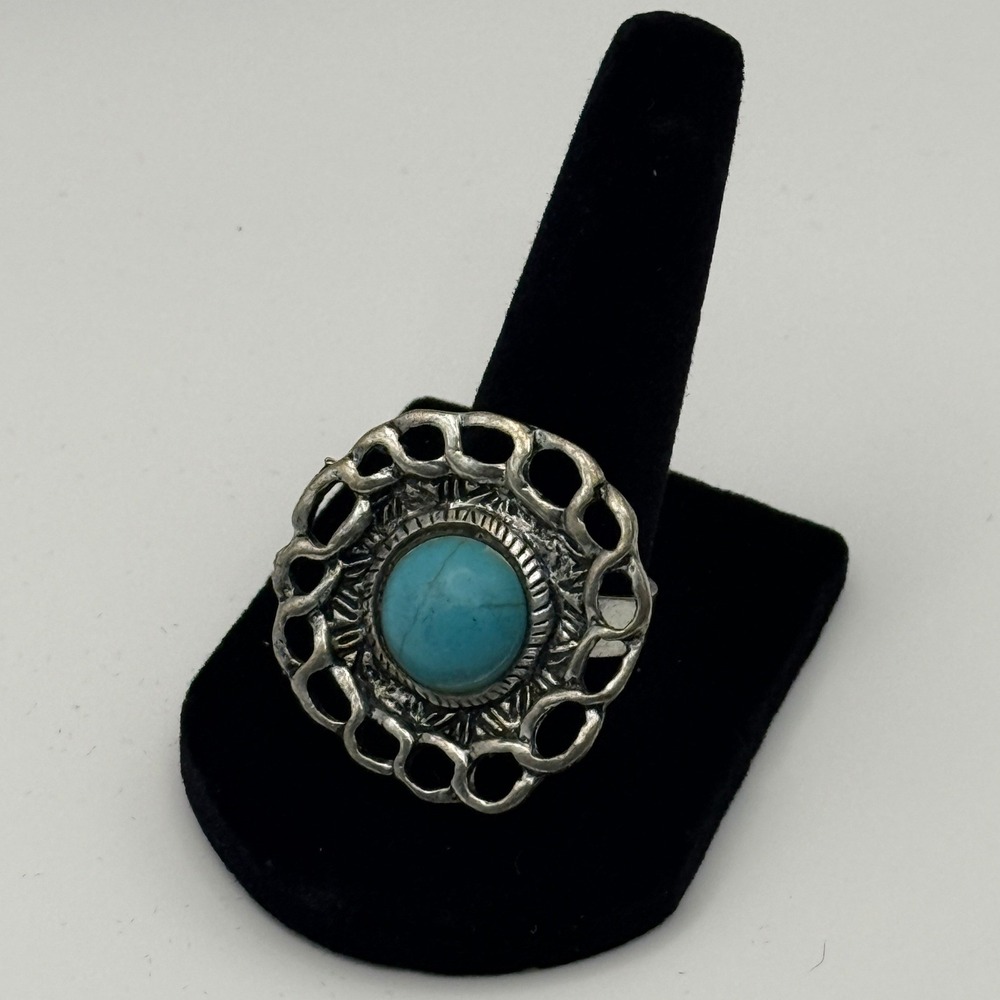 Vintage‎ Silver Tone Faux Turquoise Adjustable Statement Ring Boho Southwestern